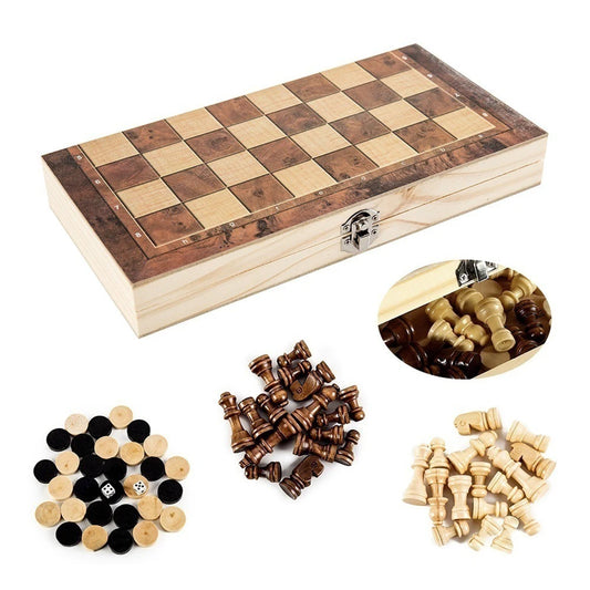 3-in-1 Wooden Chess & Checkers Set – Folding Board with Built-In Storage | Premium Travel Strategy Game